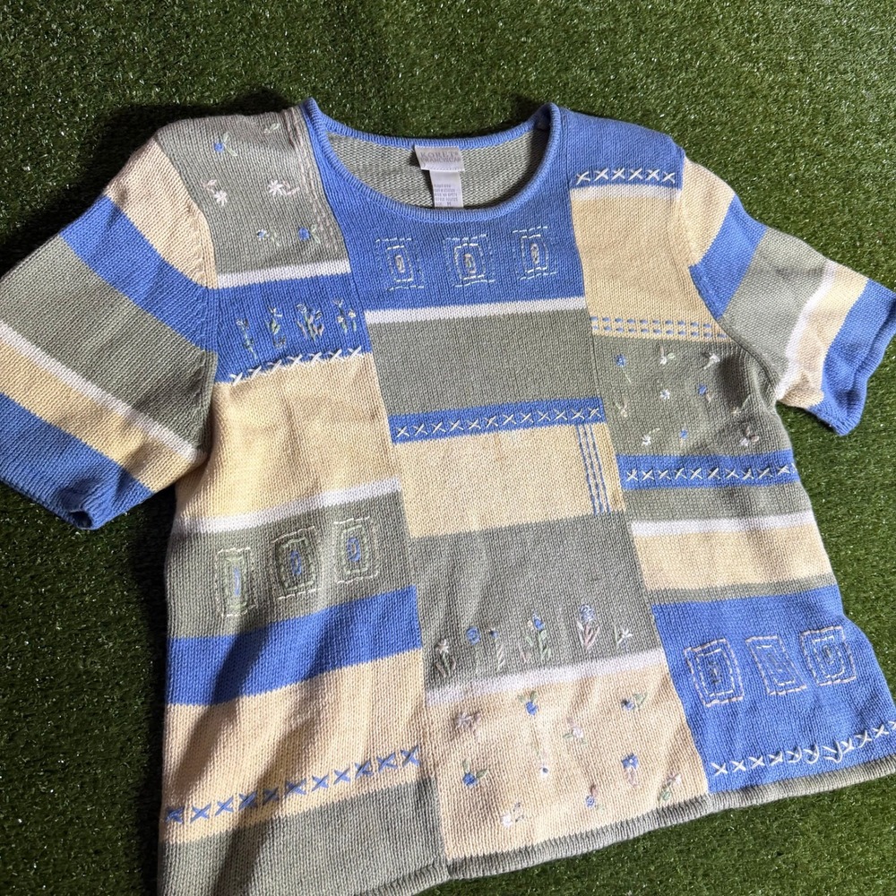 Koret Francisca Womens Vintage Patchwork Floral Embroidered Knit Sweater Top M - Picture 2 of 7
